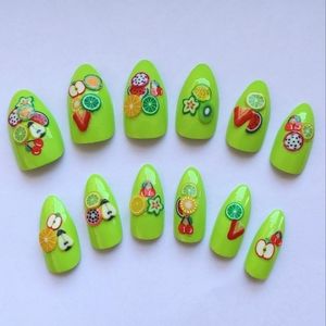 Neon Green Summer Fruit Salad Press On Nails - New Hand Painted